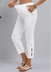 Modlily White Button Elastic Waist High Waisted Pants - 2XL