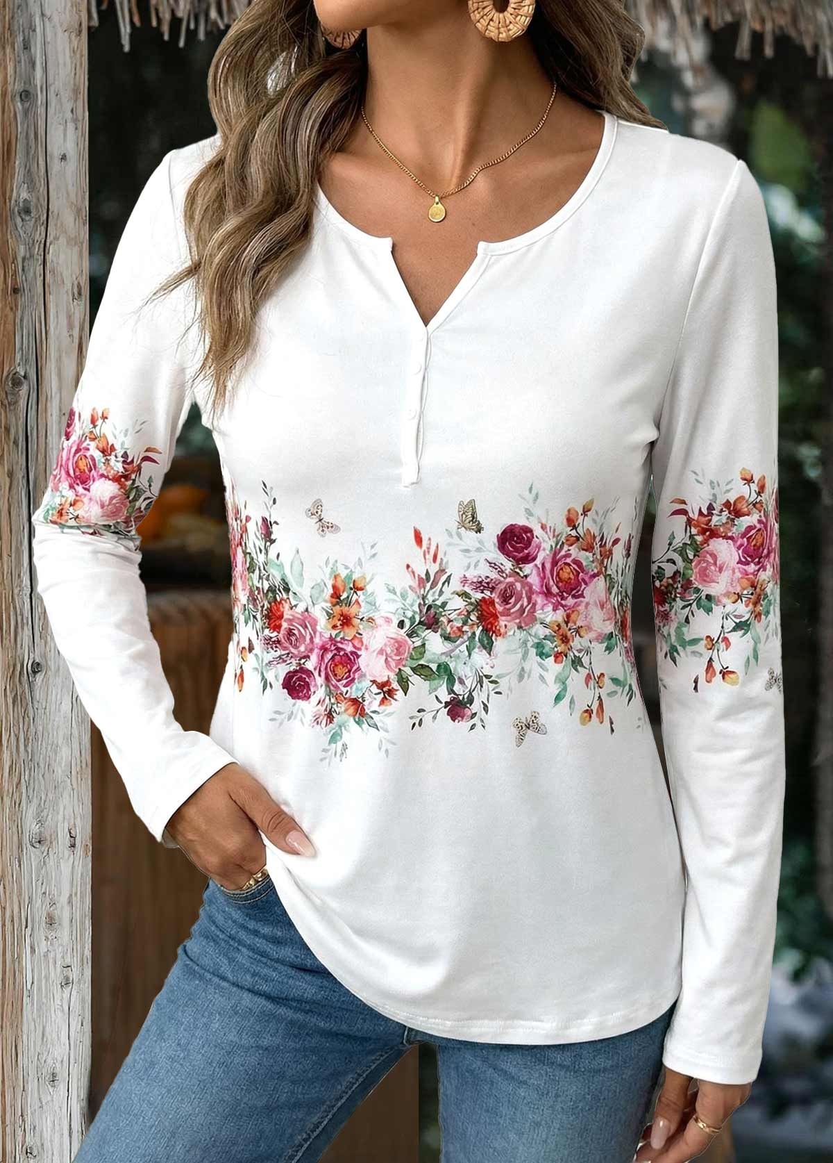 Modlily White Button Floral Print Long Sleeve T Shirt - M