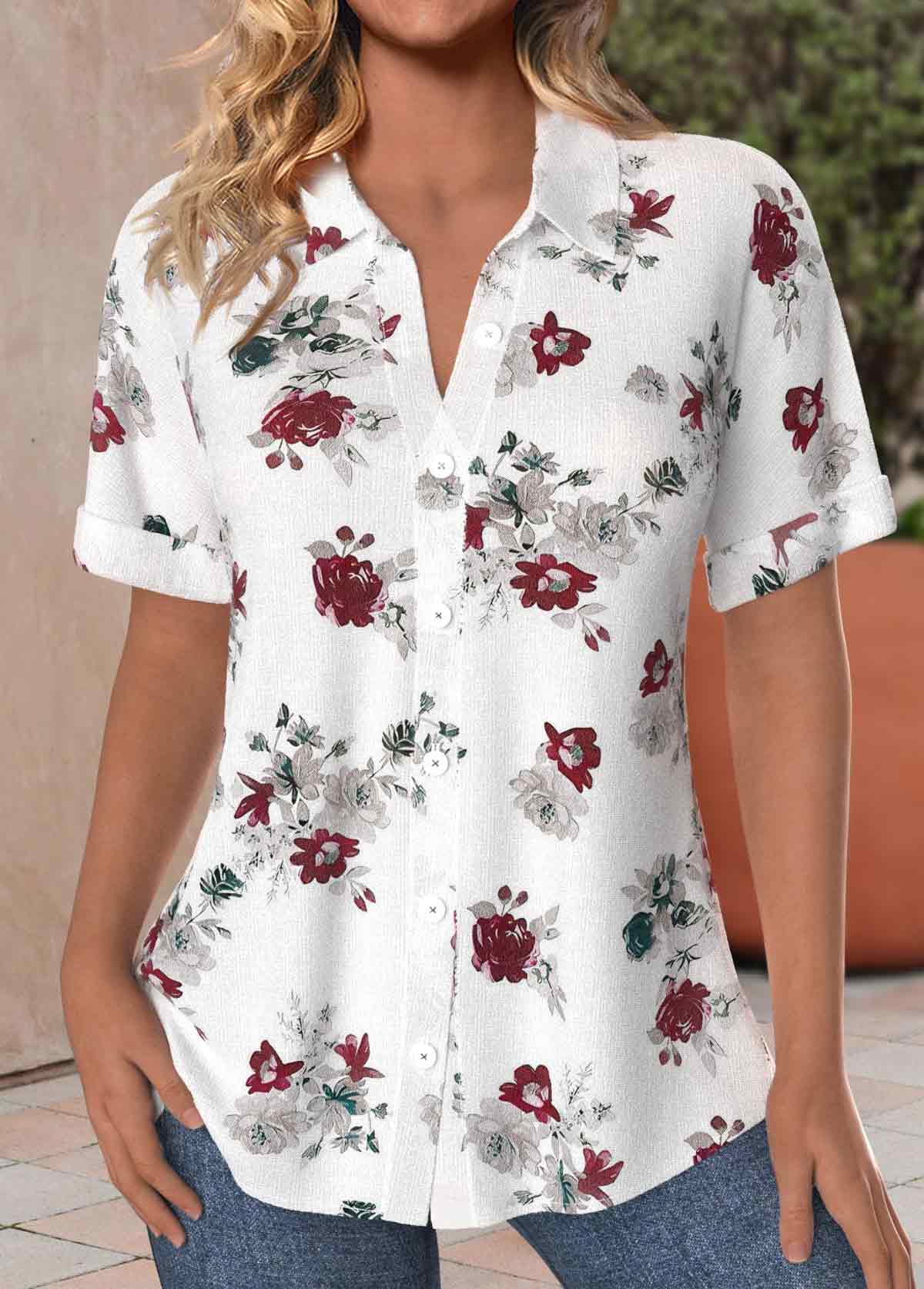 Modlily White Button Floral Print Short Sleeve Shirt Collar Blouse - S