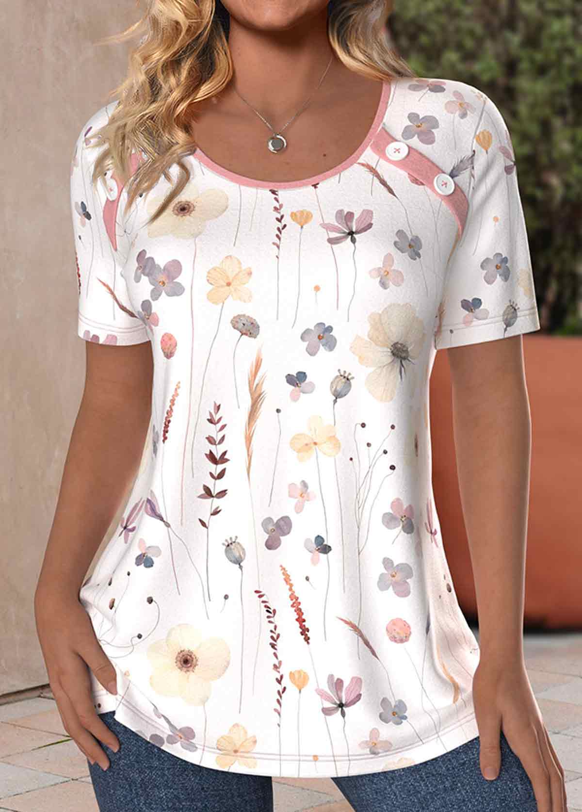 Modlily White Button Floral Print Short Sleeve T Shirt - M