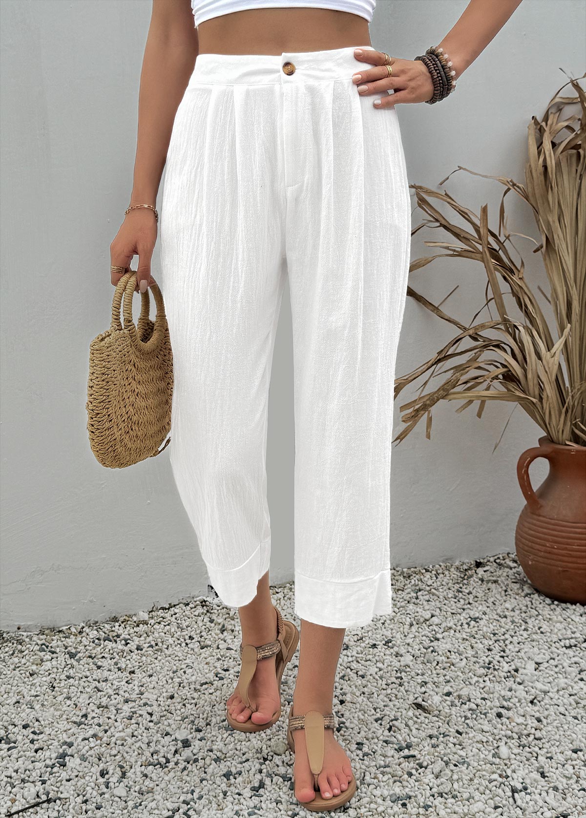 Modlily White Button Fly High Waisted Pants - M