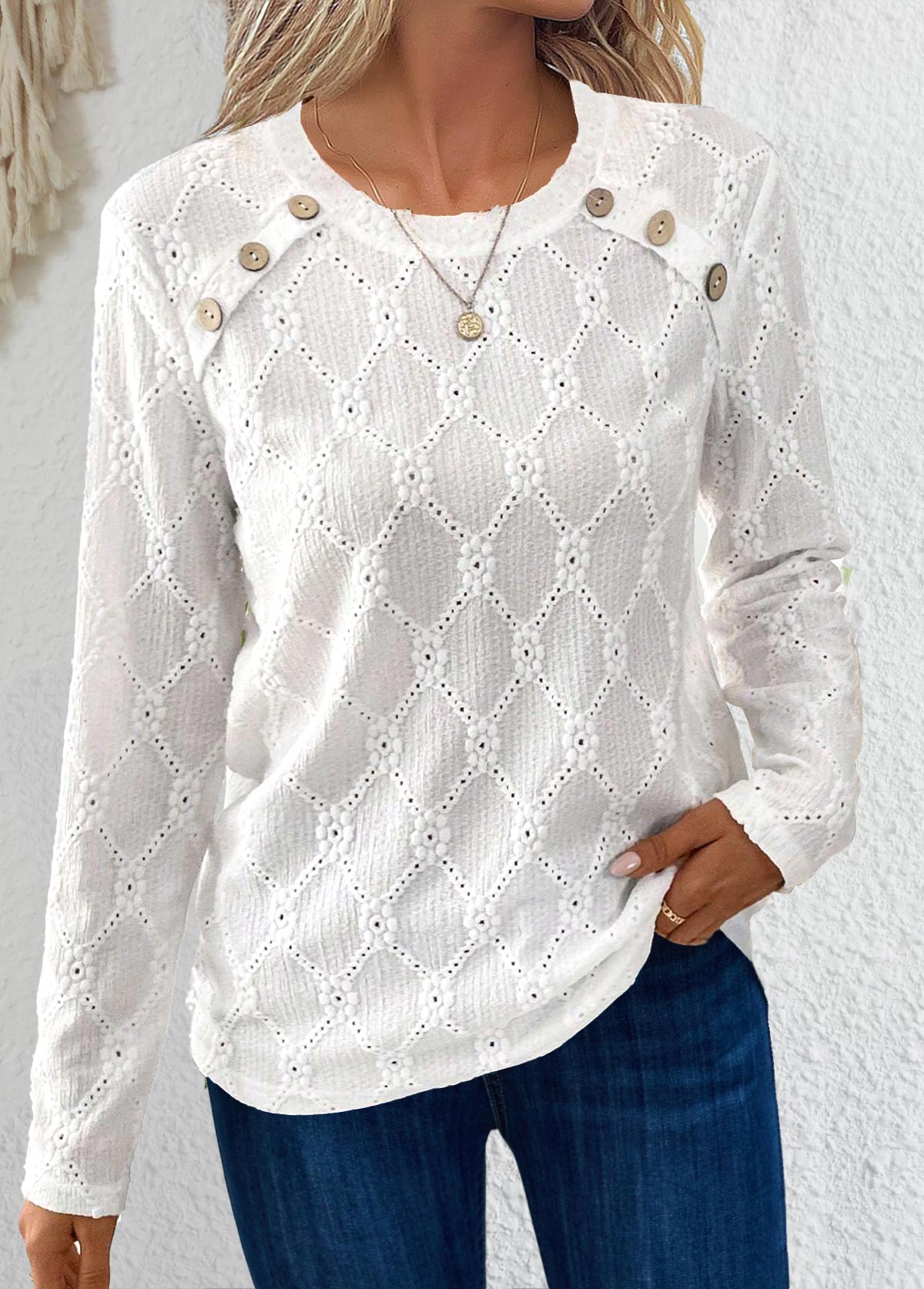 Modlily White Button Long Sleeve Round Neck T Shirt - XL