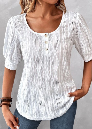 Modlily White Button Short Sleeve Round Neck Blouse - XXL
