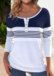Modlily White Button Striped Long Sleeve Boat Neck T Shirt - M
