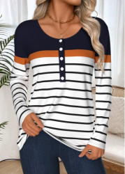 Modlily White Button Striped Long Sleeve Round Neck T Shirt - M