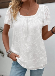 Modlily White Chiffon Short Sleeve Square Neck T Shirt - M