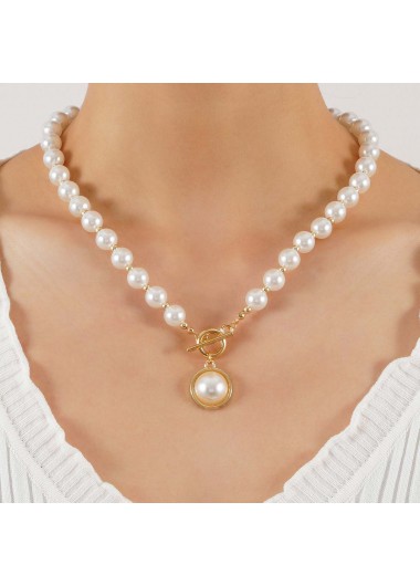 Modlily White Color Alloy Detail Pearl Necklace - One Size