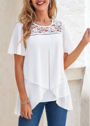 Modlily White Cross Hem Short Sleeve Round Neck Blouse - S