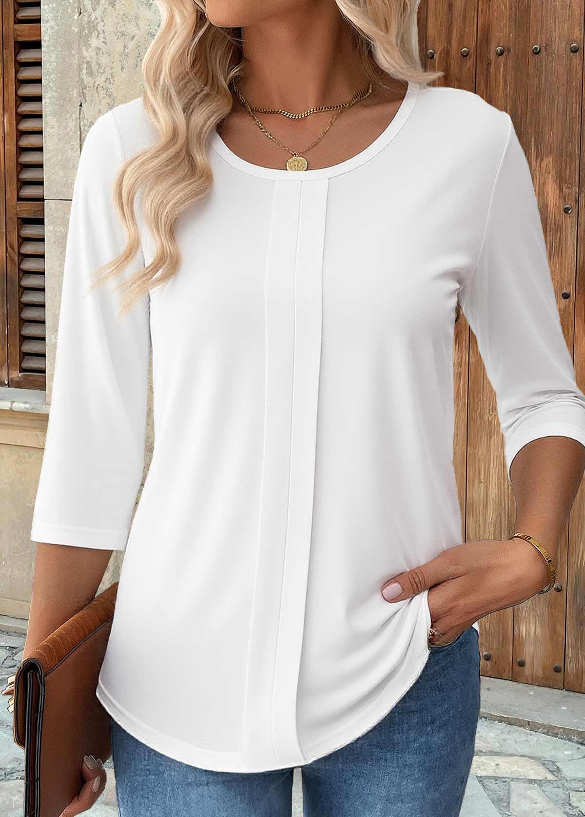Modlily White Curved Hem 3/4 Sleeve Round Neck T Shirt - S