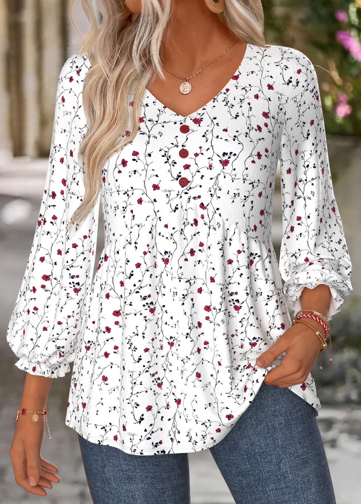 Modlily White Ditsy Floral Print Shirred 3/4 Sleeve Blouse - S