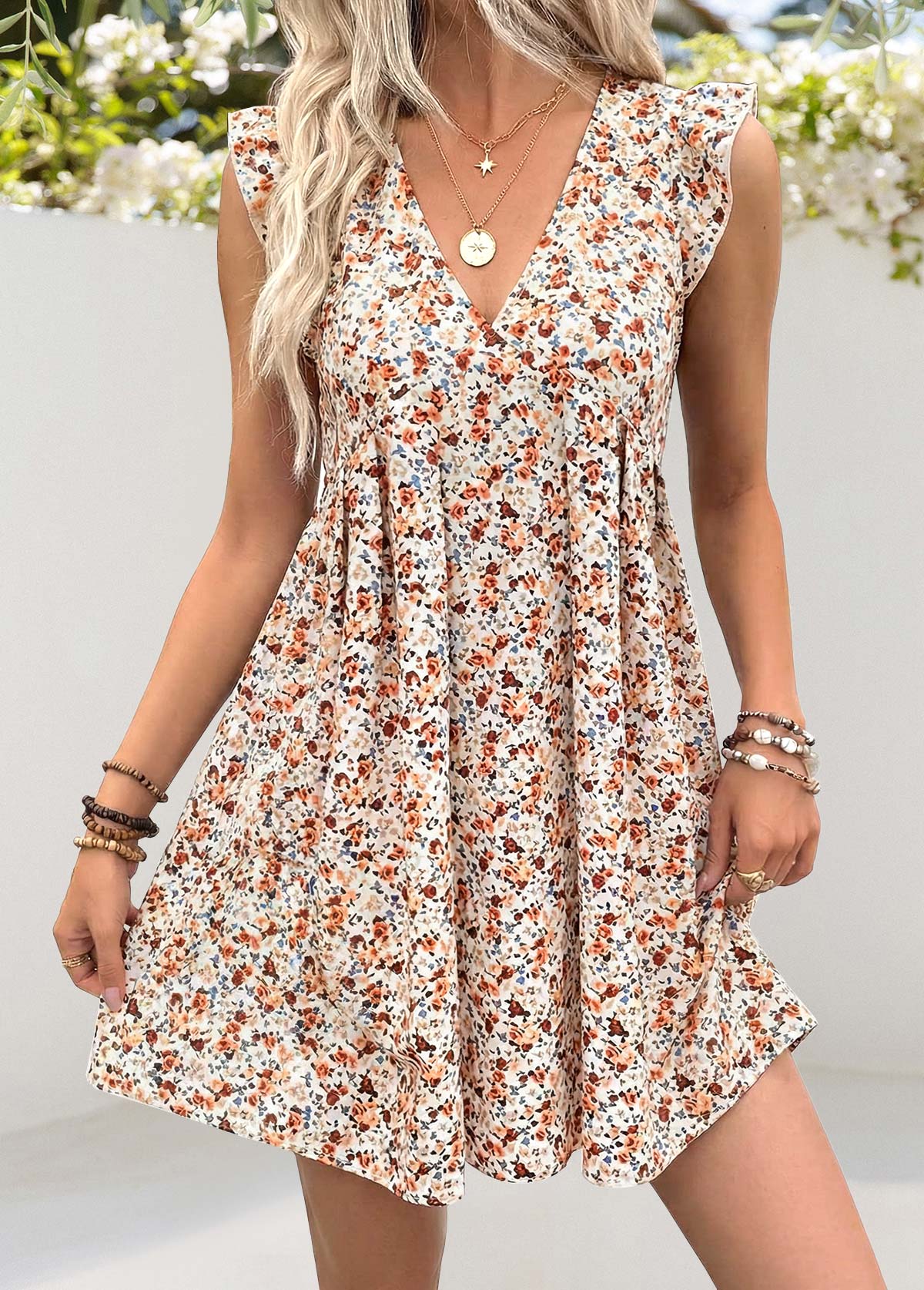 Modlily White Ditsy Floral Print Short Pleated A Line Dress - M