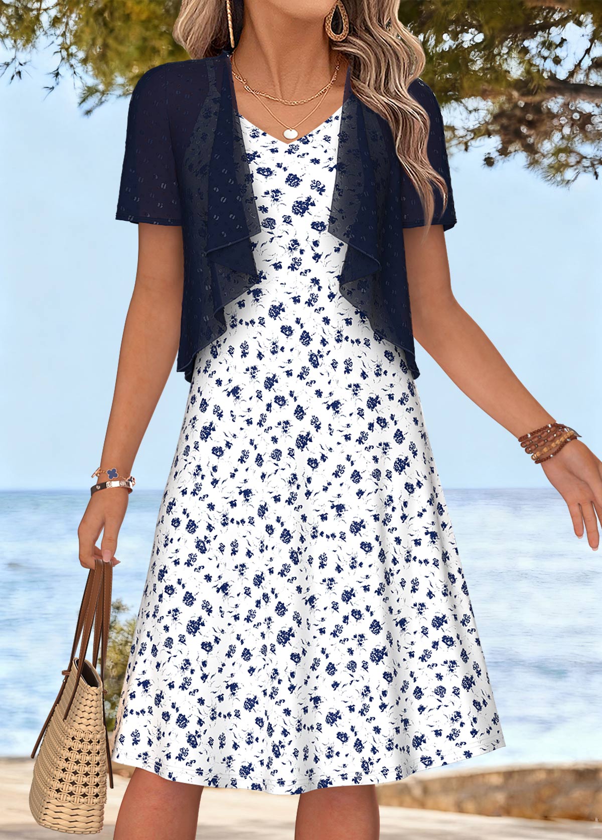 Modlily White Ditsy Floral Print Tummy Coverage Dress and Cardigan - S