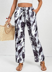 Modlily White Double Side Pockets Feathers Print Elastic Waist Pants - XL