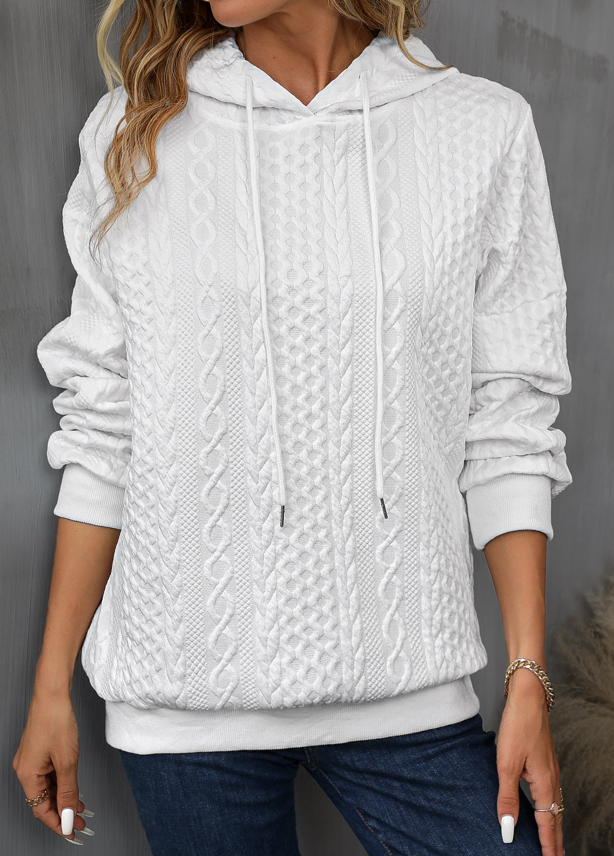 Modlily White Drawstring Detail Long Sleeve Hoodie - L