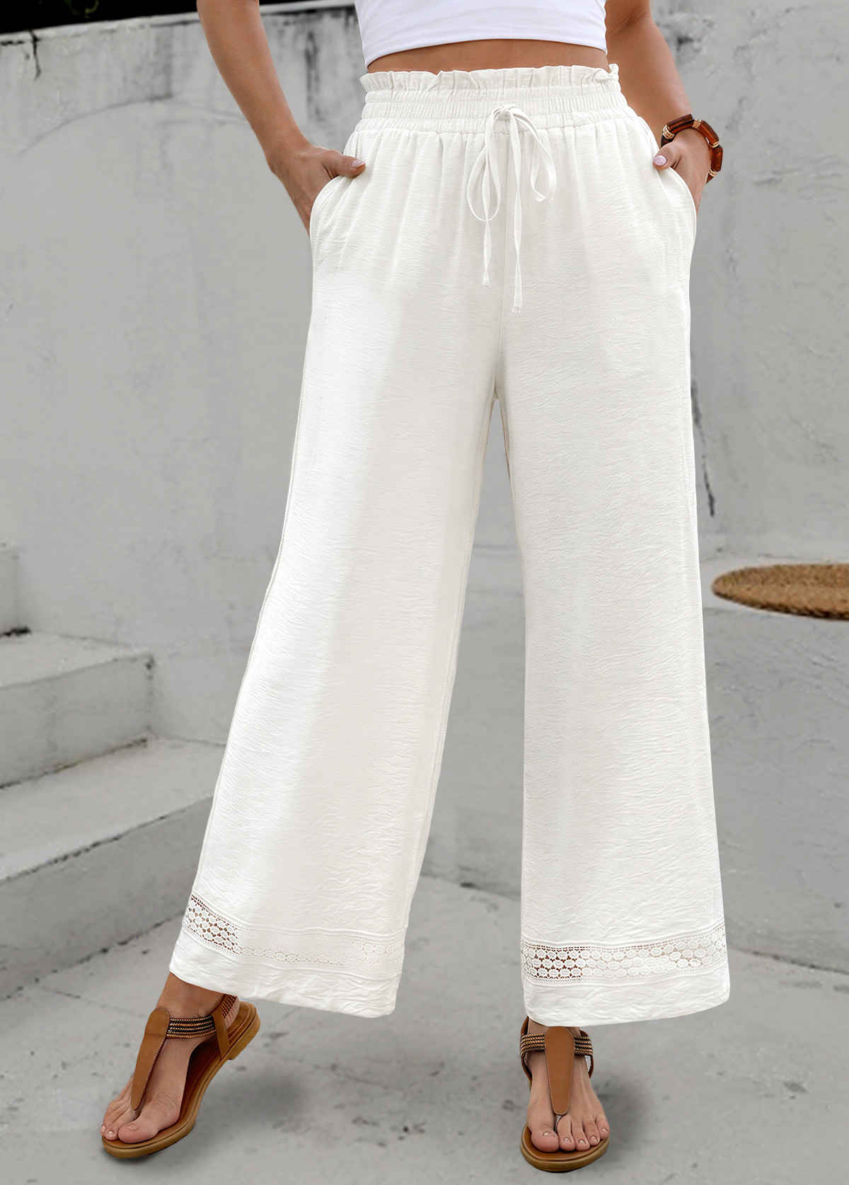 Modlily White Elastic Waist High Waisted Ankle Length Pants - S