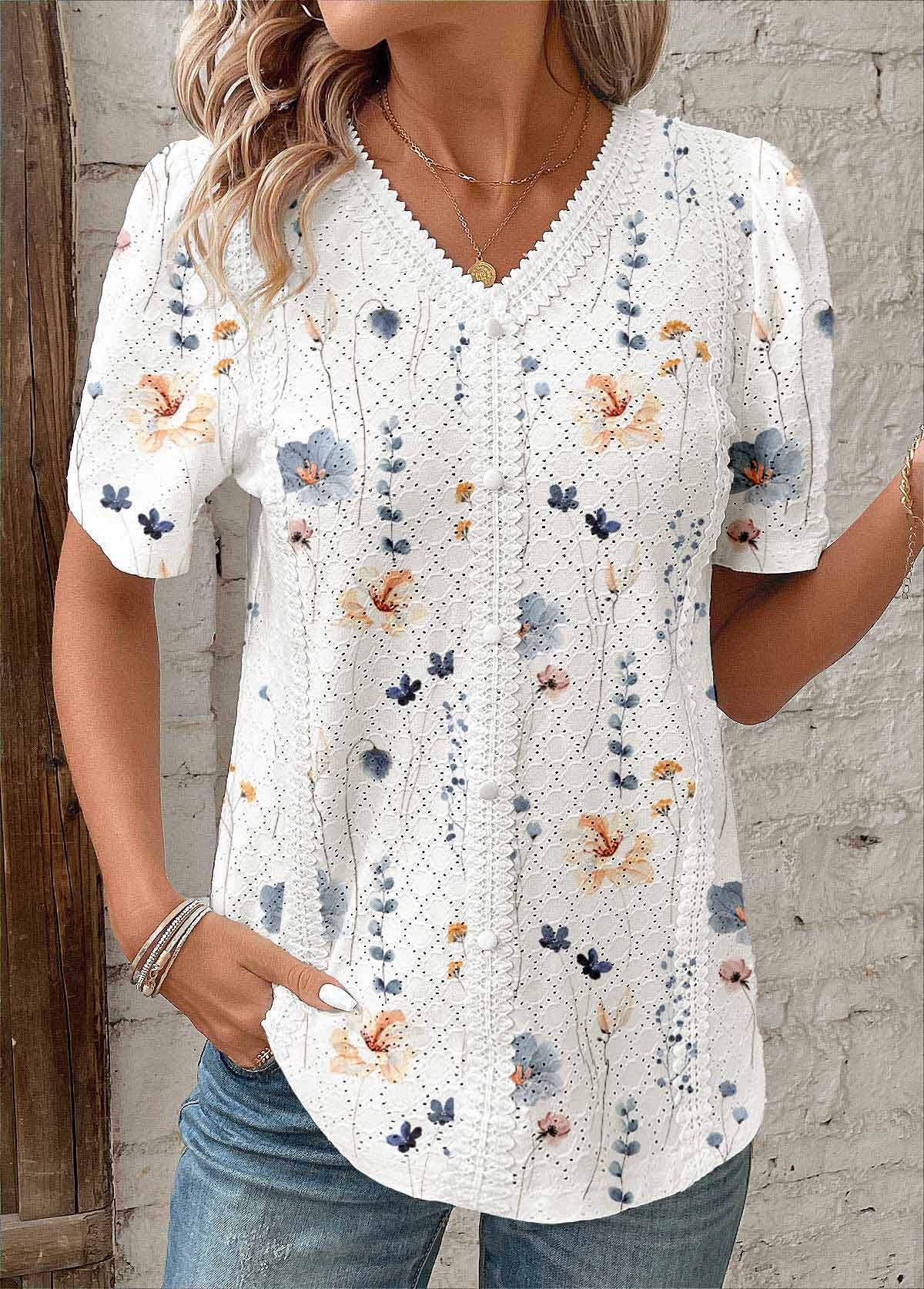 Modlily White Embroidery Floral Print Short Sleeve V Neck Blouse - M