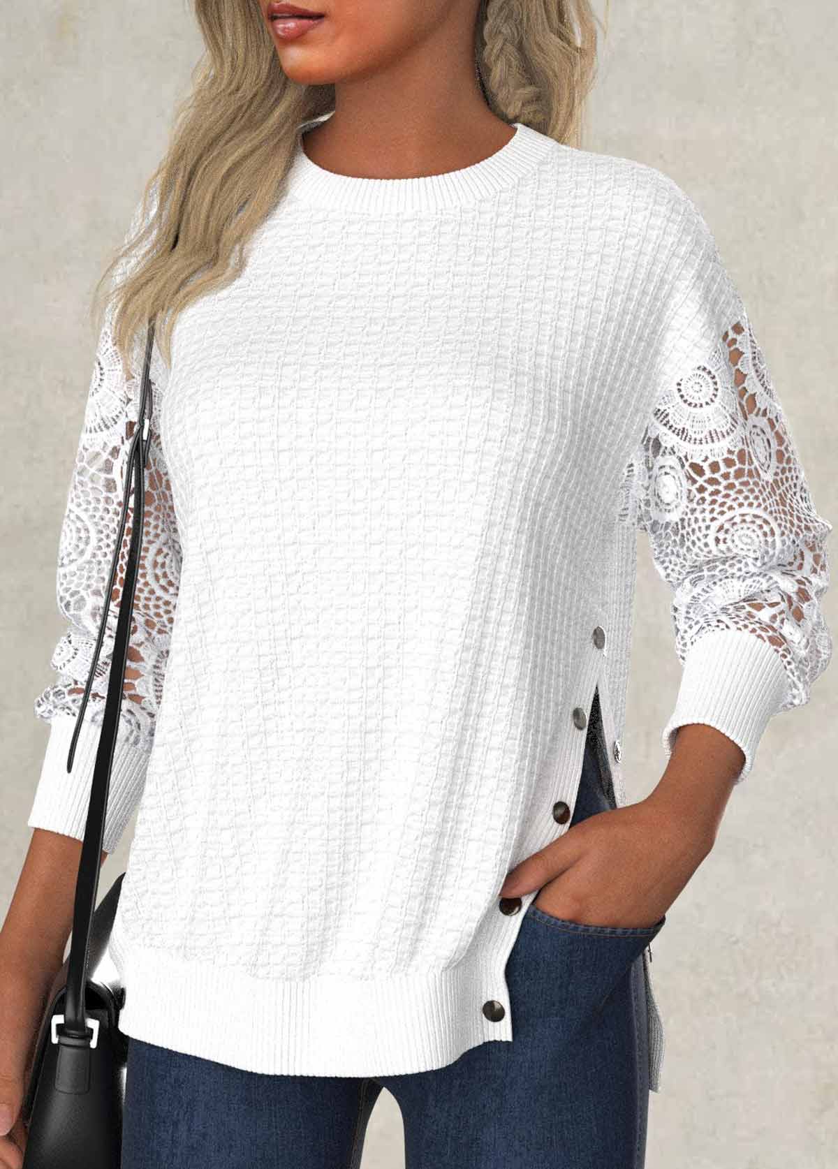Modlily White Embroidery Long Sleeve Round Neck Sweatshirt - L