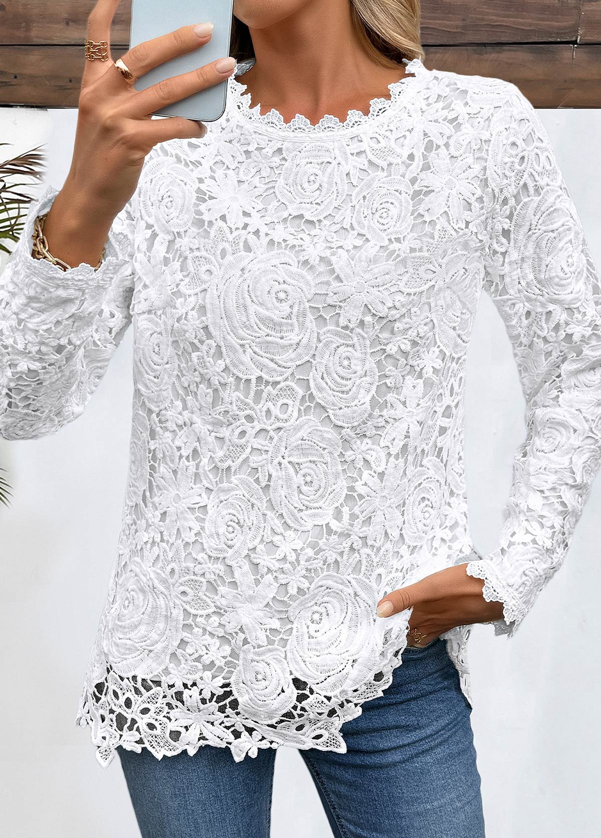 Modlily White Embroidery Long Sleeve Round Neck T Shirt - L