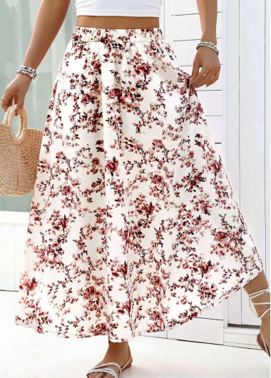 Modlily White Floral Print A Line Elastic Waist Maxi Skirt - XL