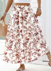 Modlily White Floral Print A Line Elastic Waist Maxi Skirt - XL