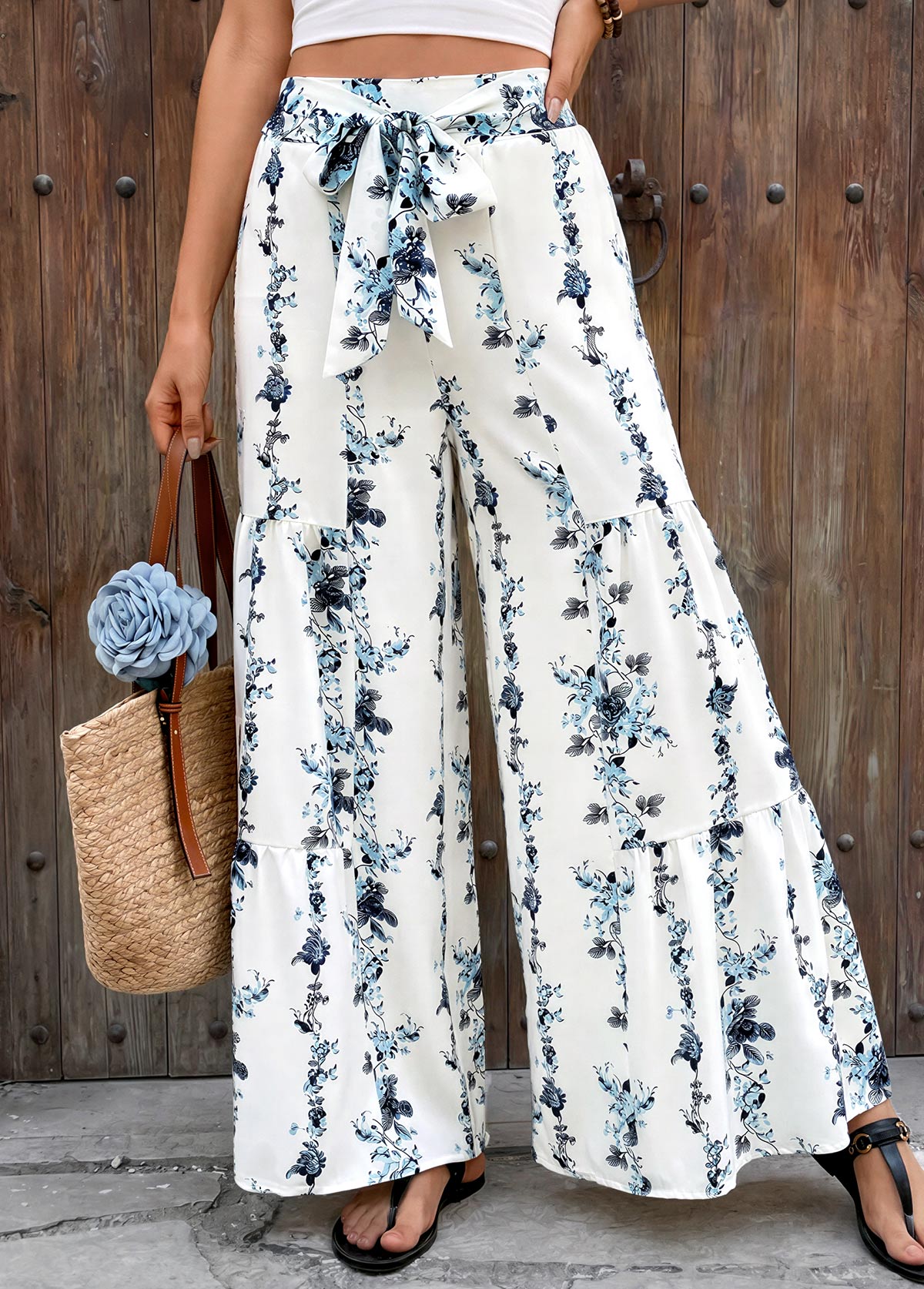 Modlily White Floral Print Flare Leg Elastic Waist Pants - S