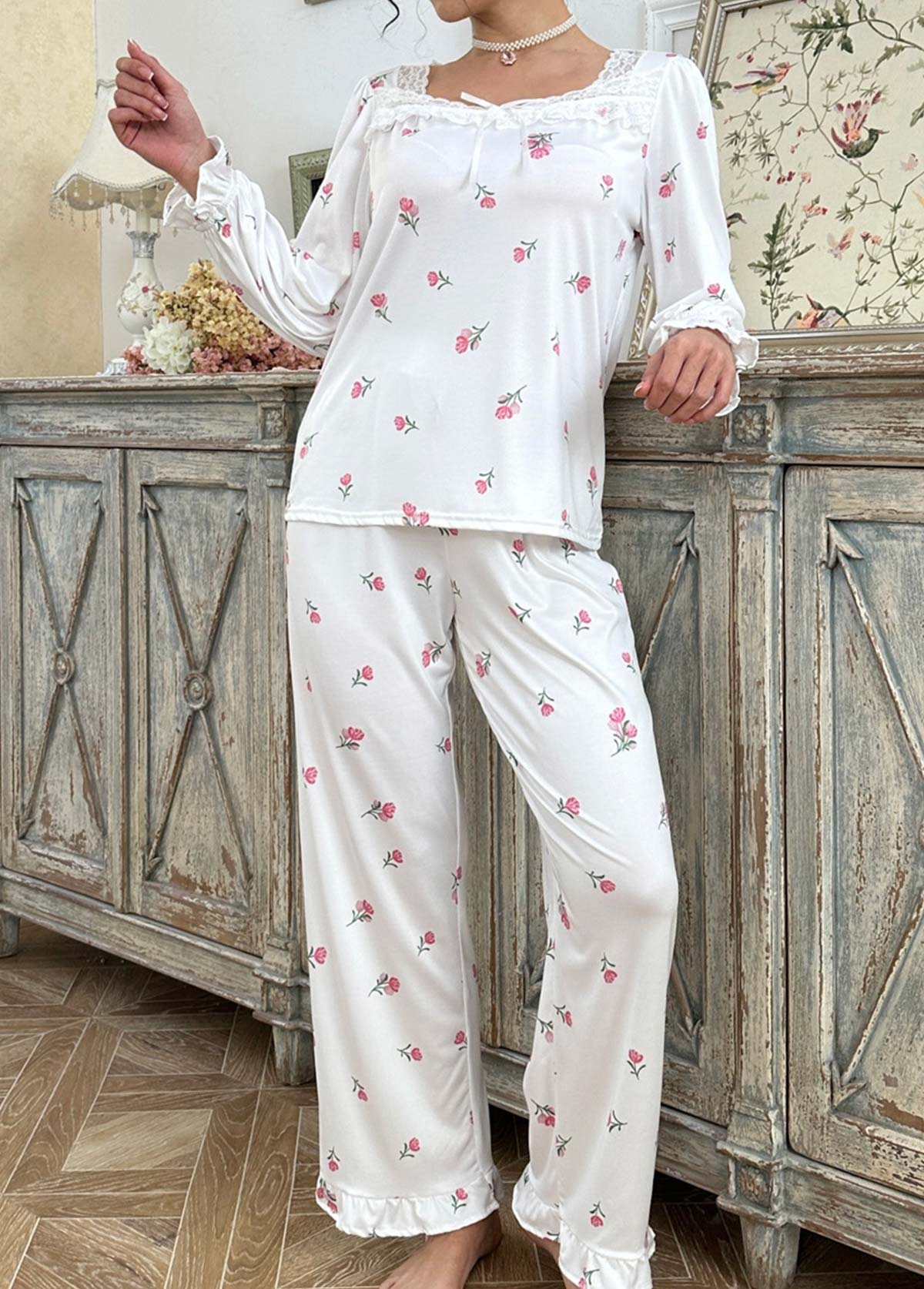 Modlily White Floral Print Long Sleeve Lounge Top and Pants - S