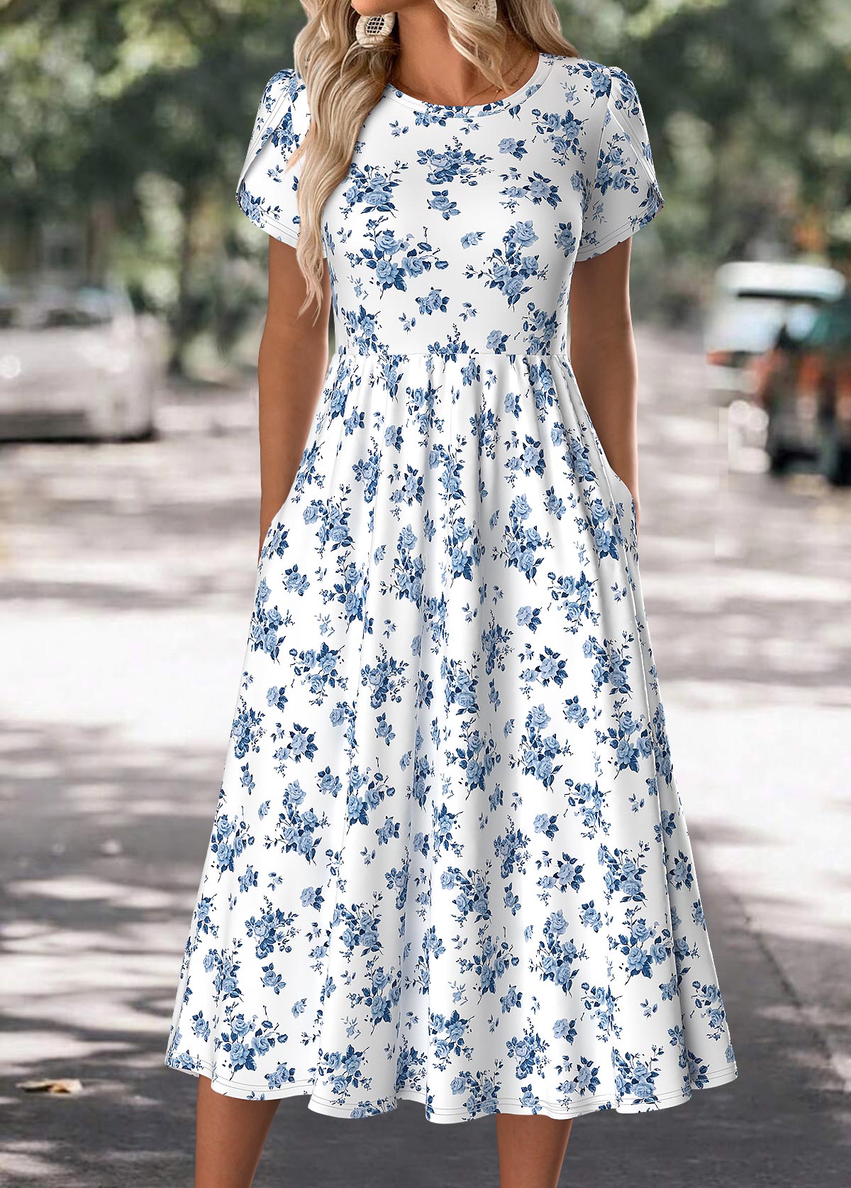 Modlily White Floral Print Short Sleeve Round Neck Dress - S