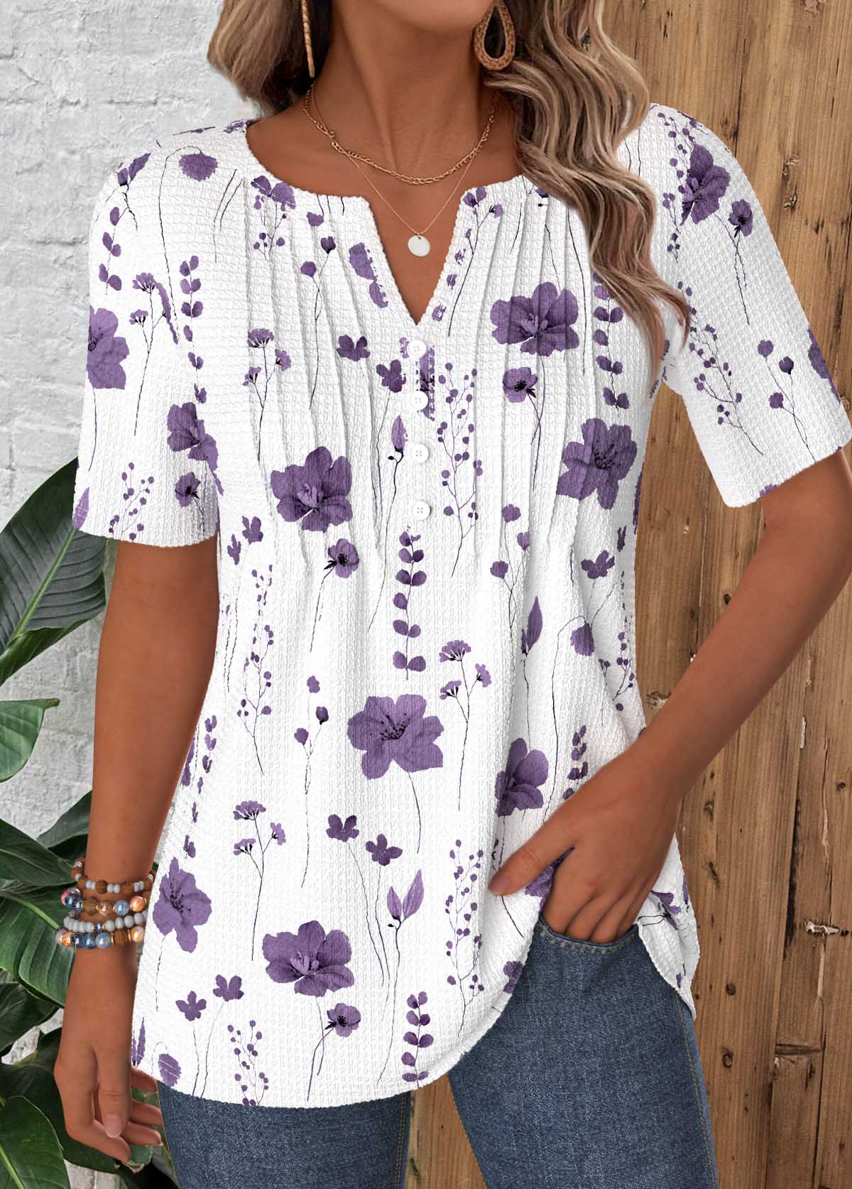 Modlily White Floral Print Tuck Stitch Short Sleeve T Shirt - S