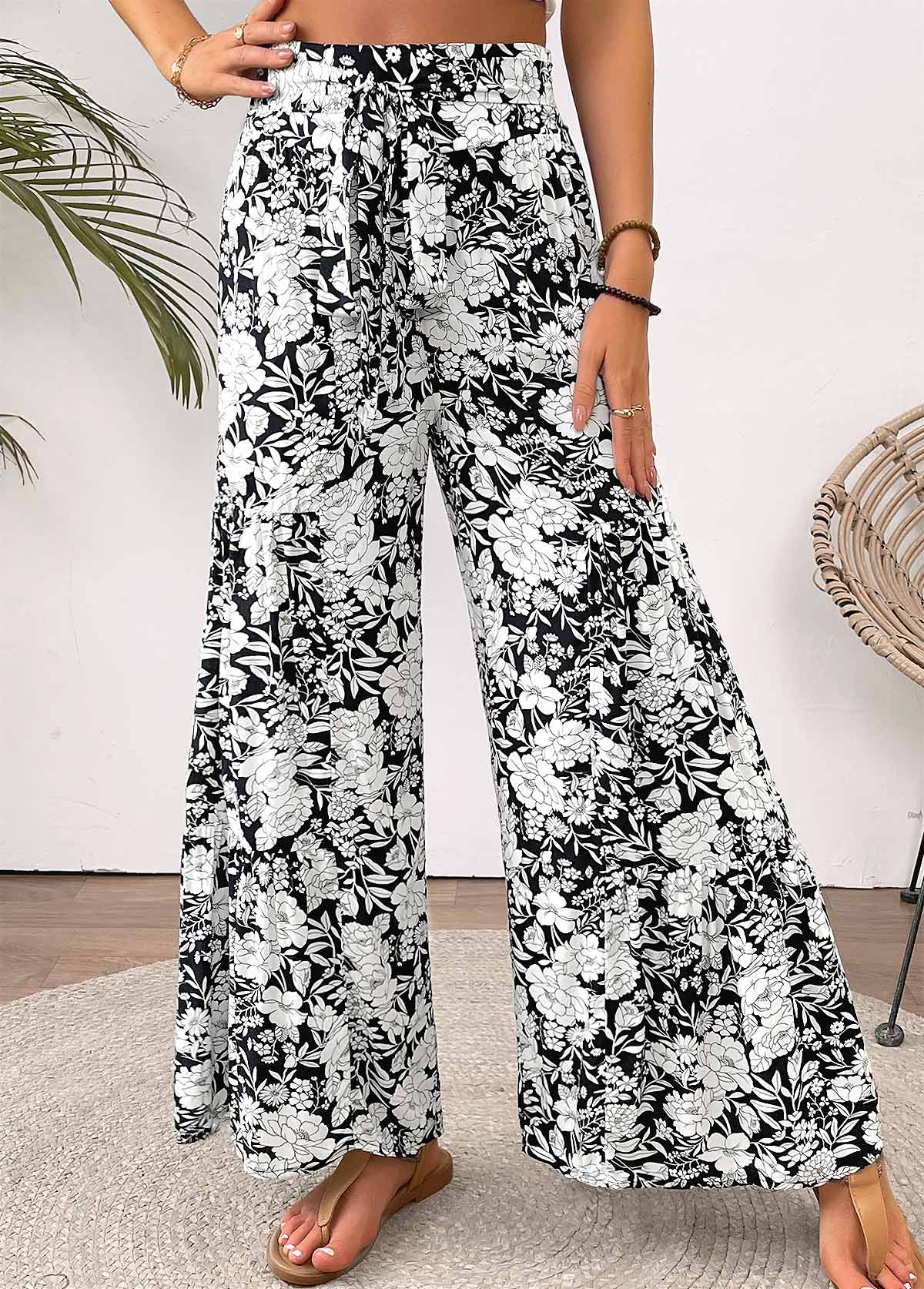 Modlily White Floral Print Wide Leg Elastic Waist Pants - S