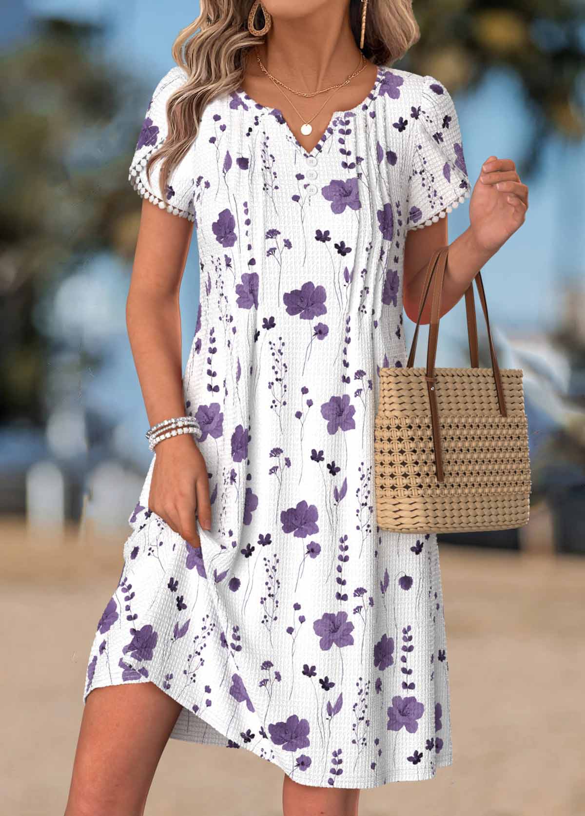 Modlily White Floral Short Tuck Stitch Split Neck Button Dress - S