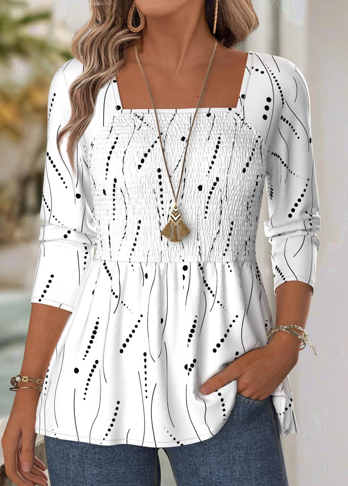 Modlily White Geometric Print Long Sleeve Square Neck Blouse - M