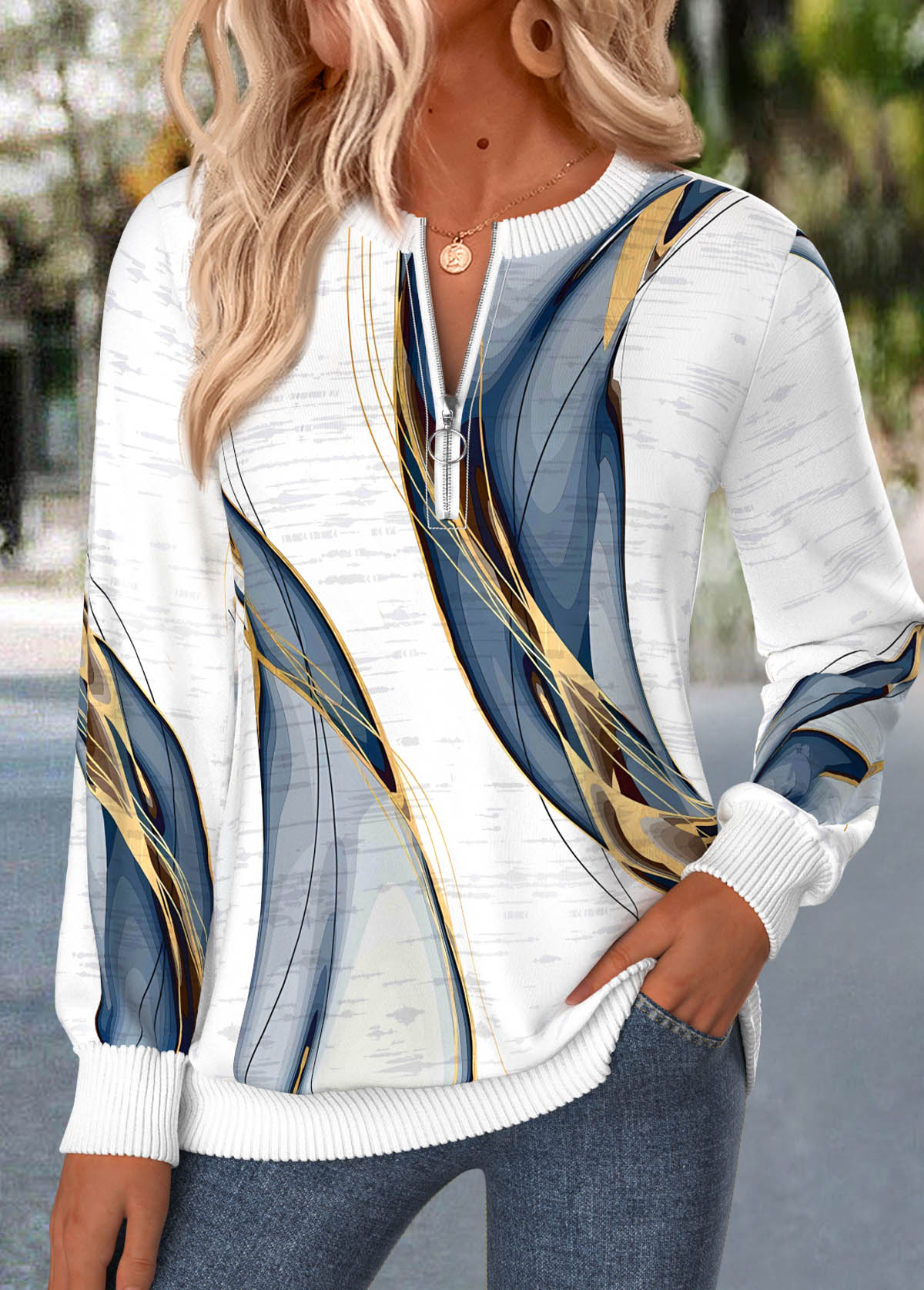 Modlily White Geometric Print Zipper Long Sleeve Round Neck Sweatshirt - S