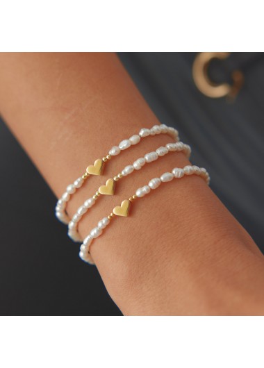 Modlily White Heart Design Pearl Bracelet Set - One Size