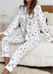 Modlily White Heart Print Long Sleeve Lounge Top and Pants - M