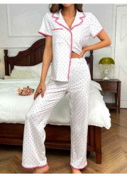 Modlily White Heart Print Short Sleeve Lounge Top and Pants - M