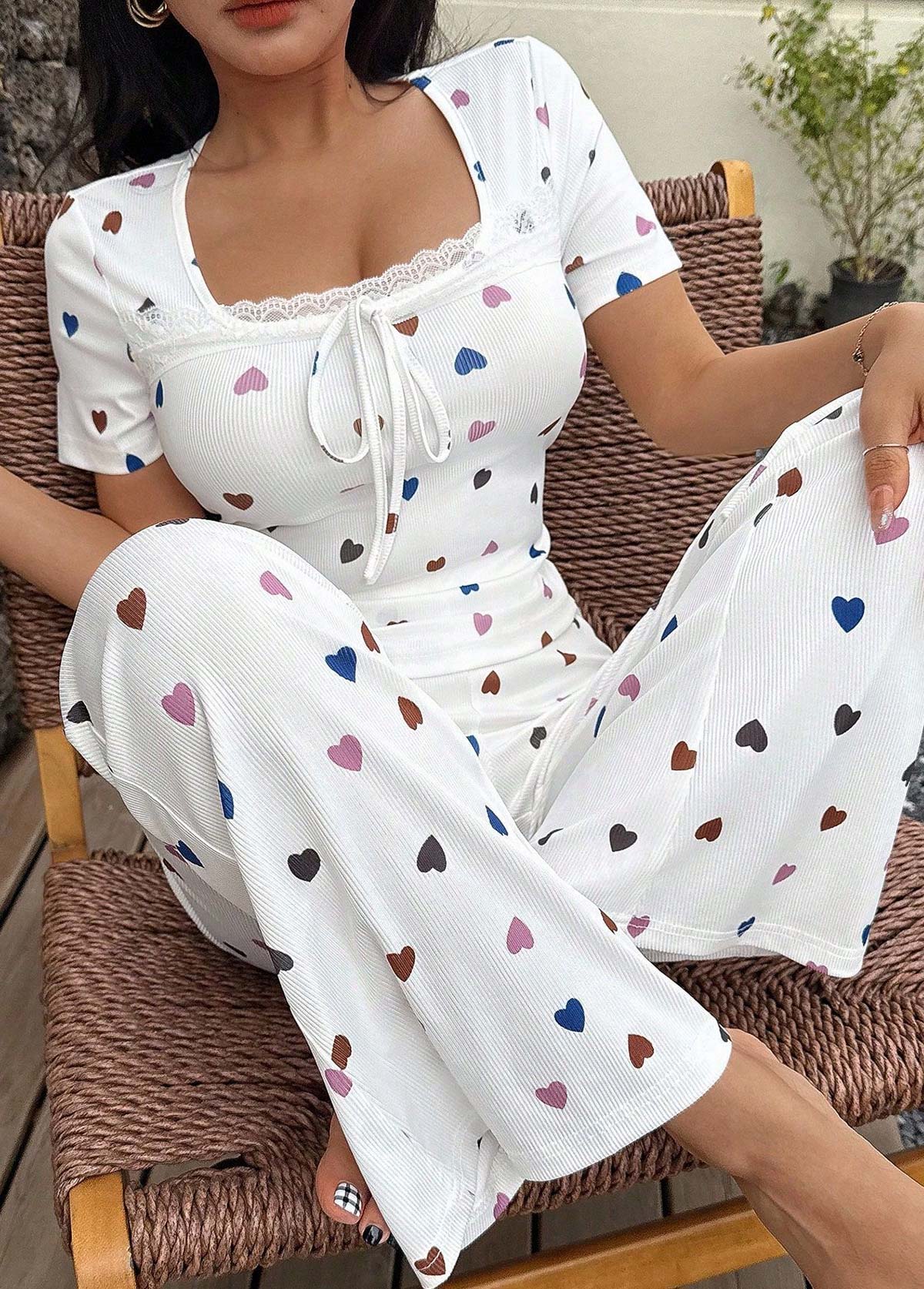 Modlily White Heart Print Short Sleeve Lounge Top and Pants - S