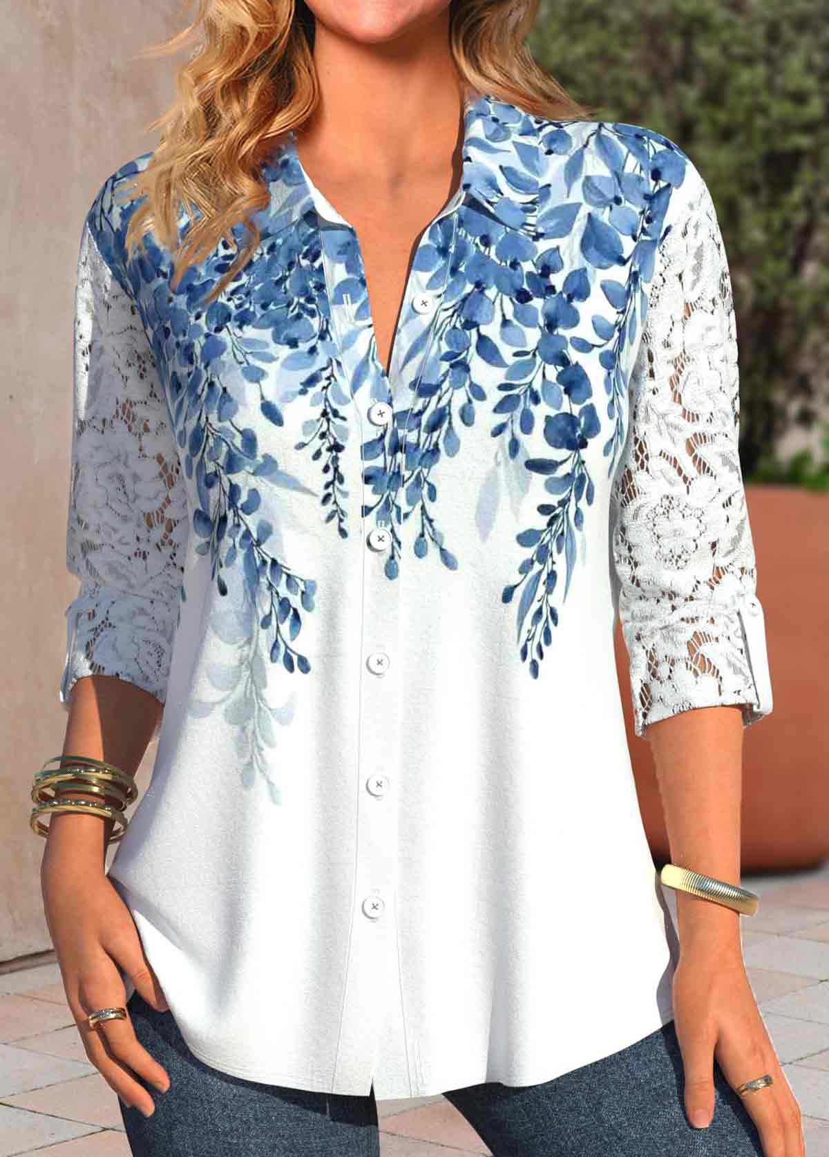 Modlily White Lace Leaf Print Long Sleeve Shirt Collar Blouse - S