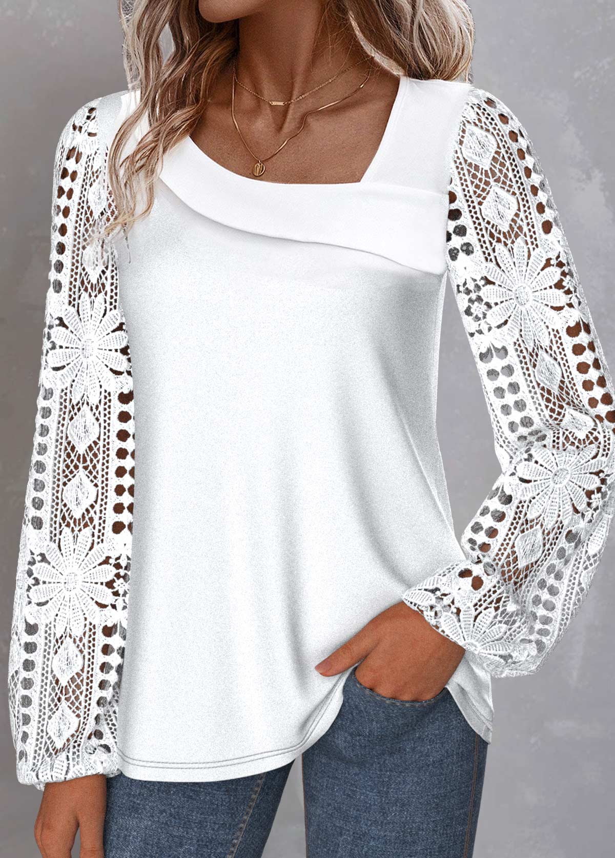 Modlily White Lace Long Sleeve Asymmetrical Neck Blouse - XXL