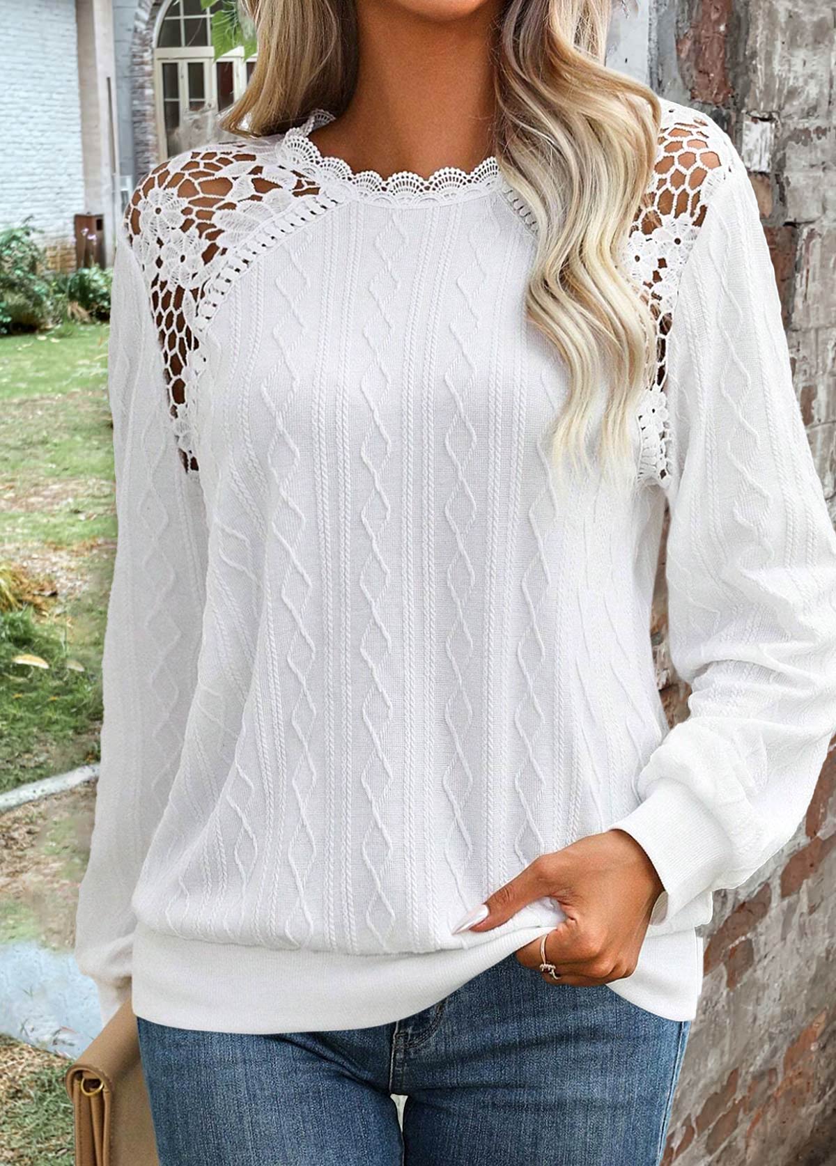 Modlily White Lace Long Sleeve Round Neck Sweatshirt - M