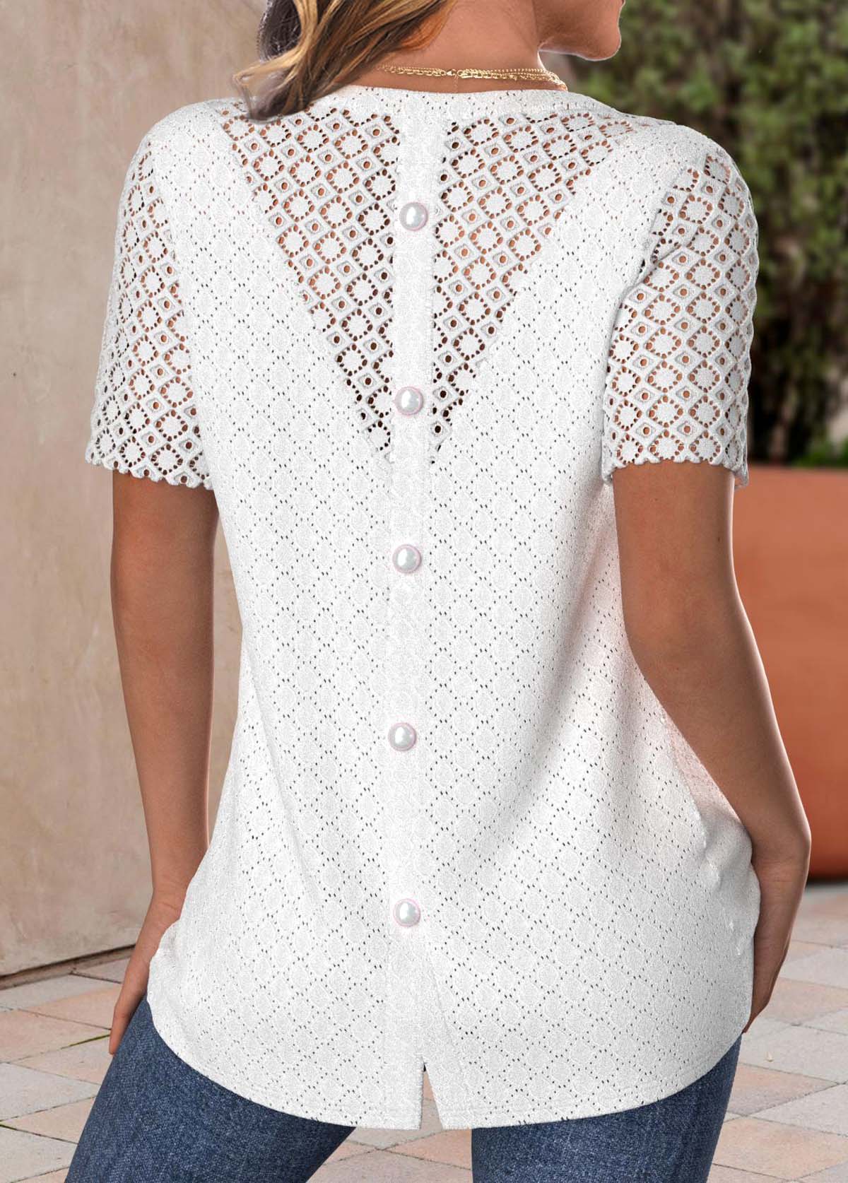 Modlily White Lace Short Sleeve Round Neck T Shirt - XL