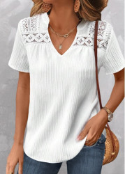 Modlily White Lace Short Sleeve Split Neck Blouse - M