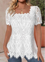 Modlily White Lace Short Sleeve Square Neck T Shirt - M