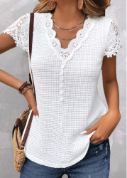 Modlily White Lace Short Sleeve V Neck T Shirt - XXL