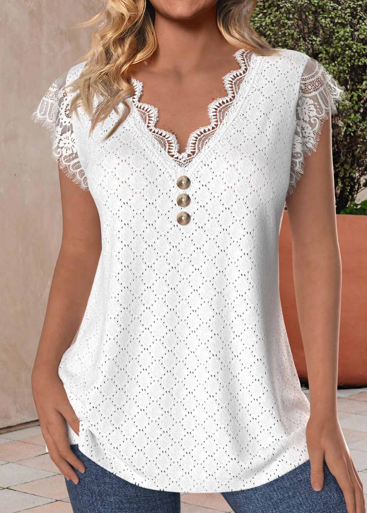 Modlily White Lace V Neck Tank Top - S
