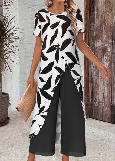 Modlily White Leaf Print Ankle Length Short Sleeve Top - L