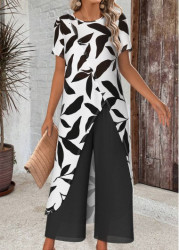 Modlily White Leaf Print Ankle Length Short Sleeve Top - L