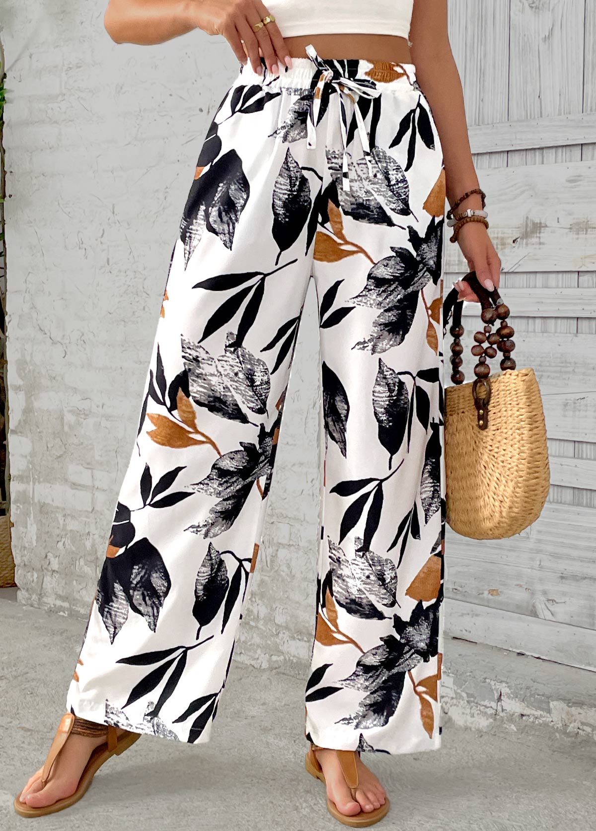Modlily White Leaf Print Wide Leg Elastic Waist Pants - S