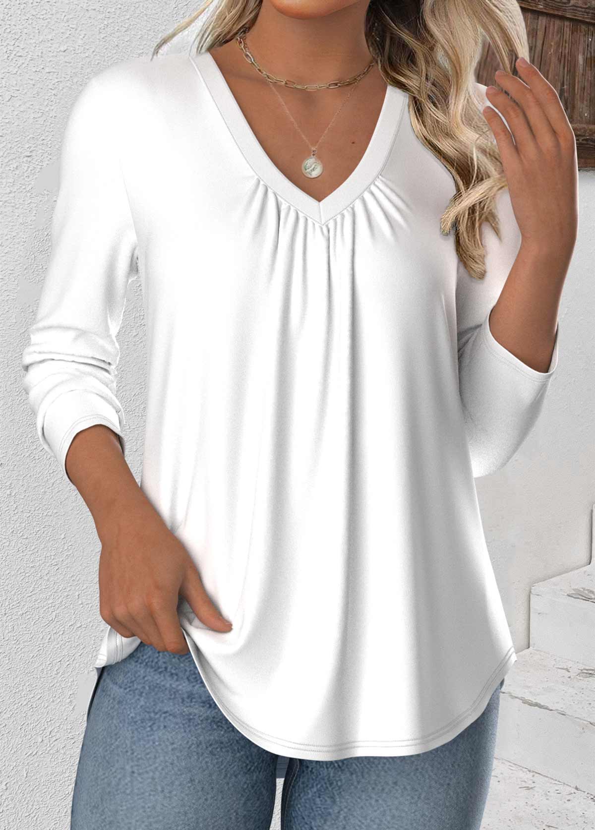 Modlily White Long Sleeve V Neck T Shirt - S