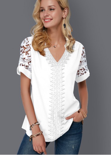 Modlily White Mesh Short Sleeve V Neck Blouse - S