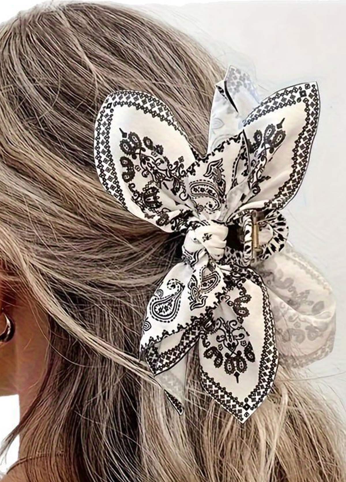 Modlily White Paisley Print Bow Hair Barrette Clip - One Size